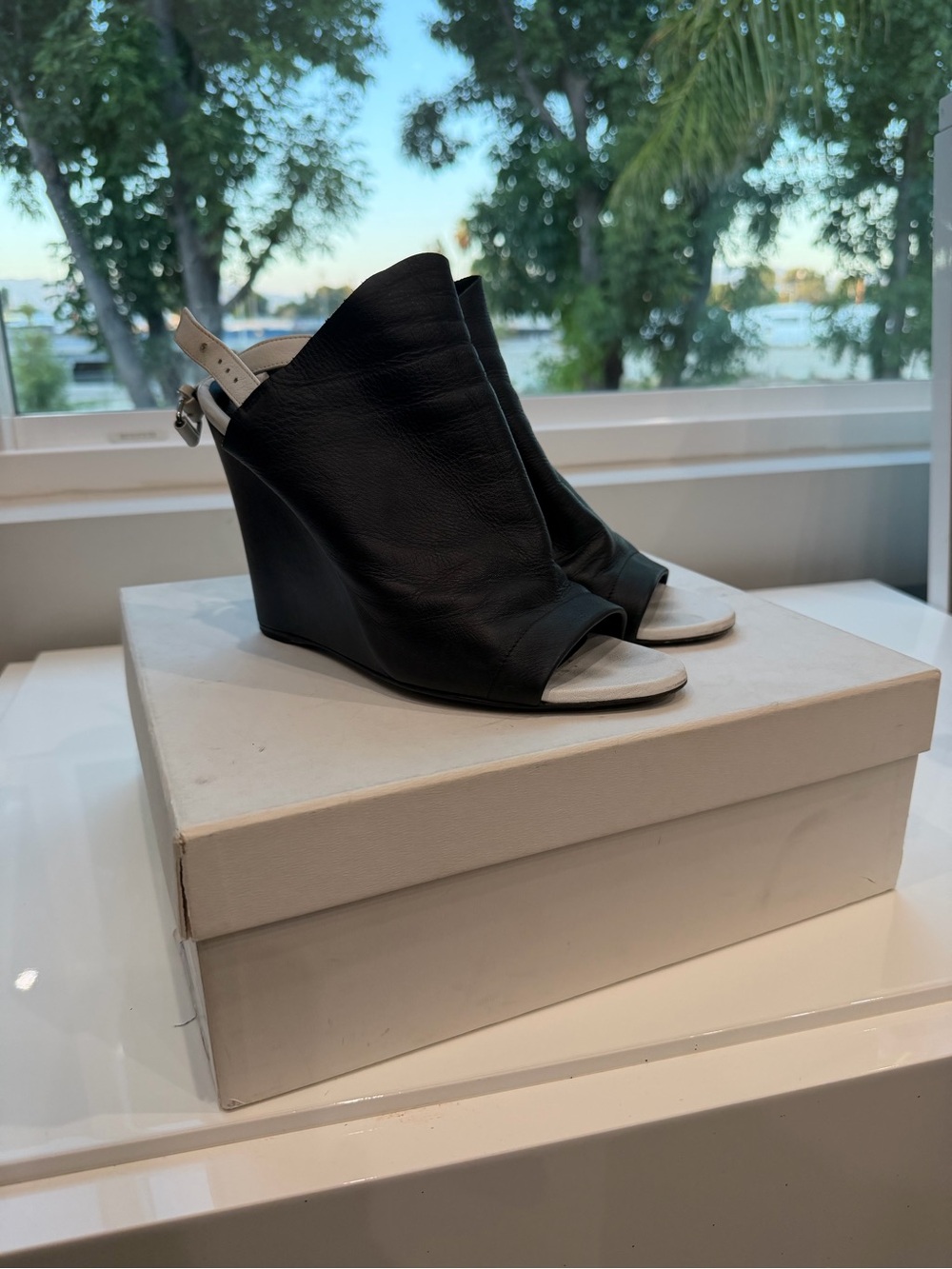 Balenciaga Black and White Peep-Toe Wedge Slingbacks